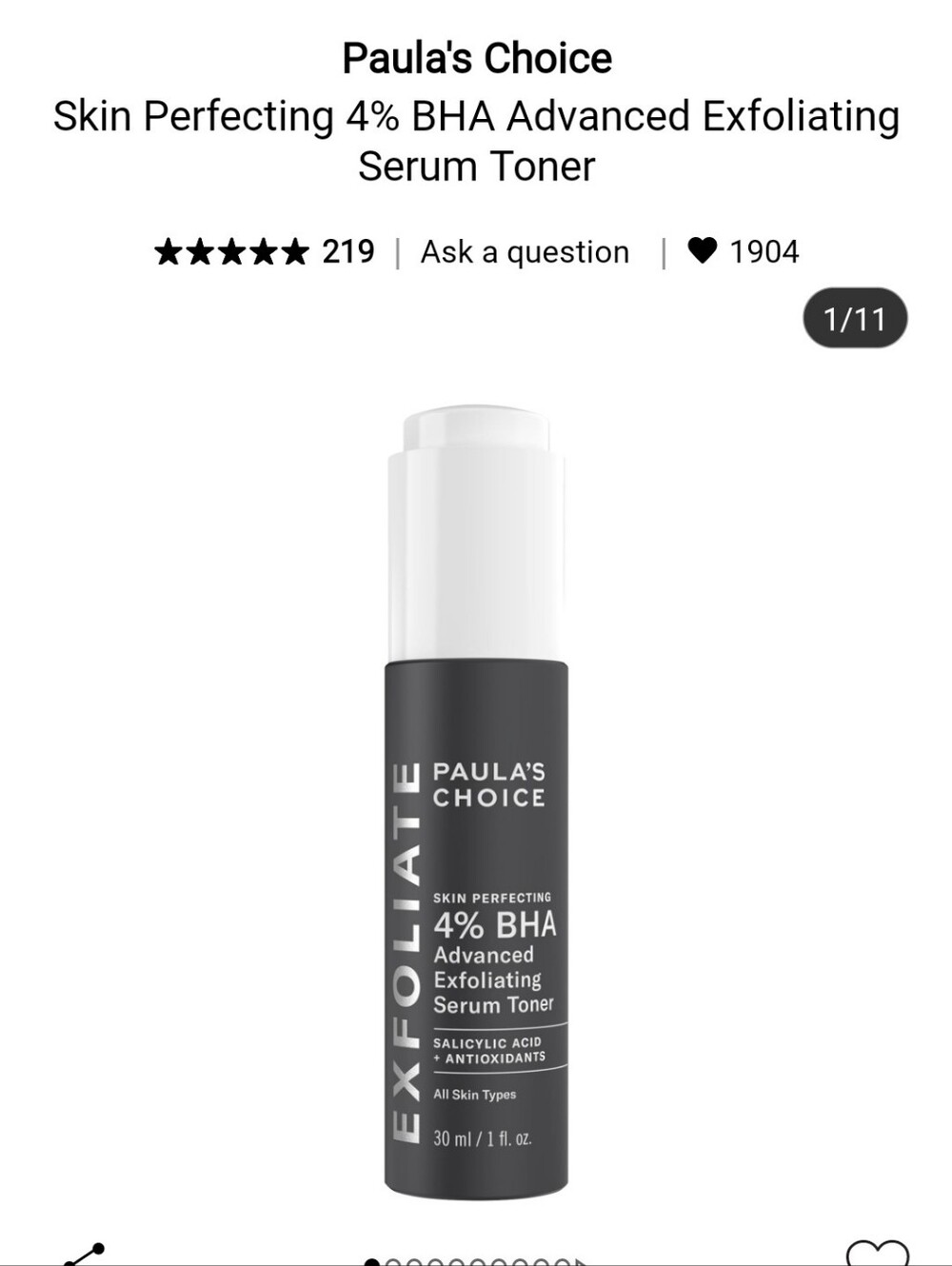NWT PAULA'S CHOICE SKIN PERFECTING 4% BHA ADVANCED EXFOLIATING SERUM TONER
